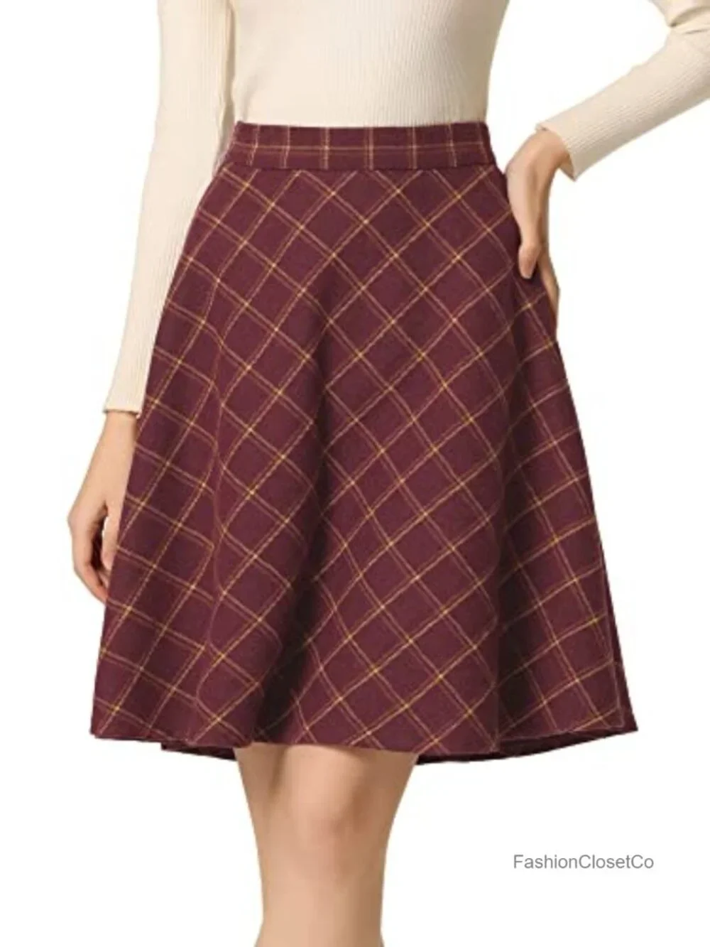 Vintage Plaid A-Line Skirt – Elastic Waist, Knee Length, Fully Lined